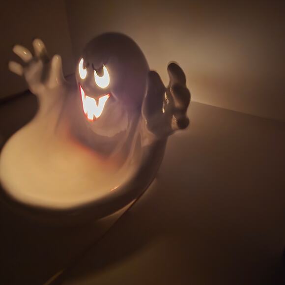 Light-Up Ceramic Ghost Candy Dish Halloween Decor SC Signed 12"x9"x9" - Picture 14 of 16